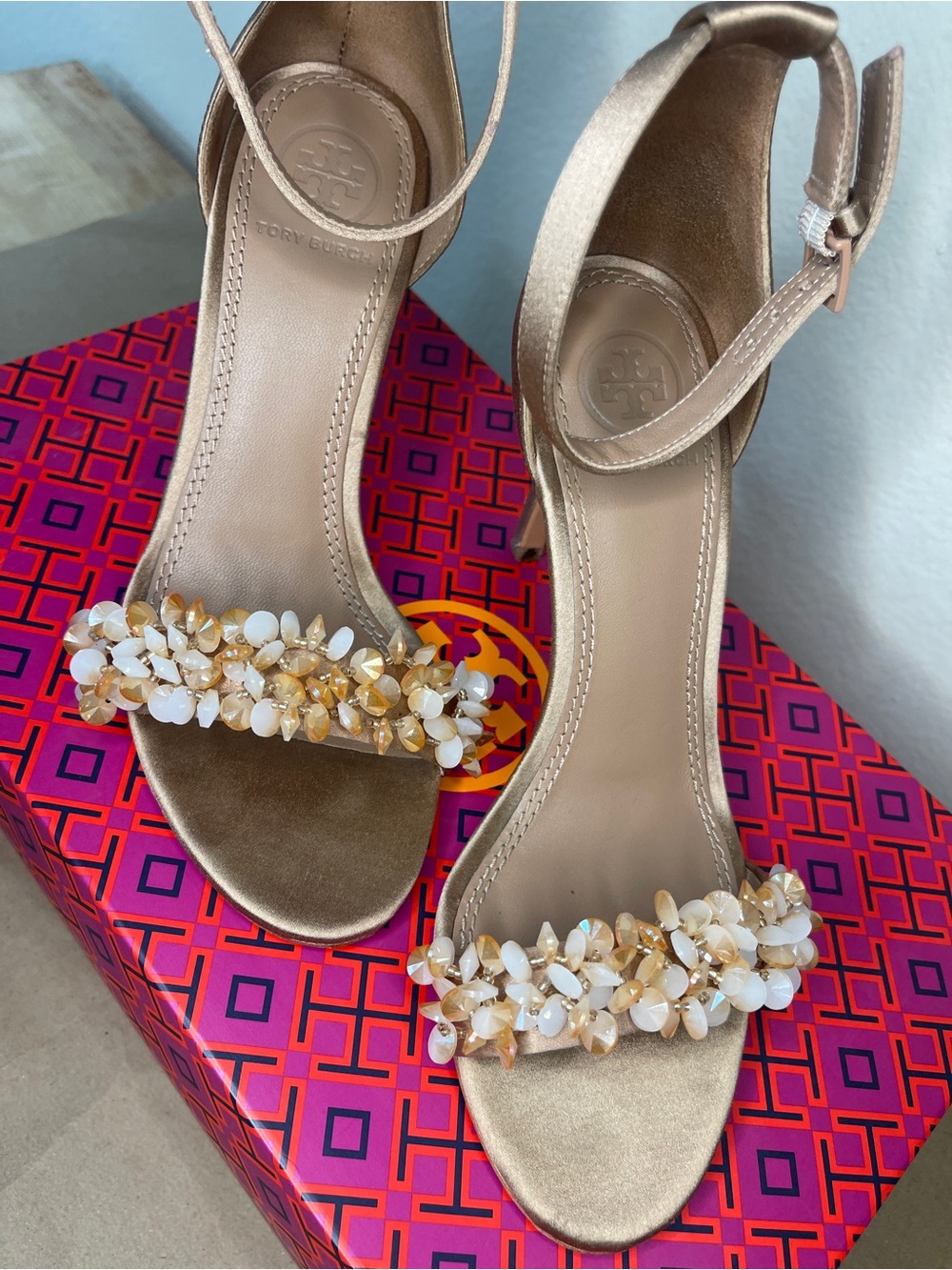 Tory Burch Champagne Gold Jeweled Ankle-Strap Heels